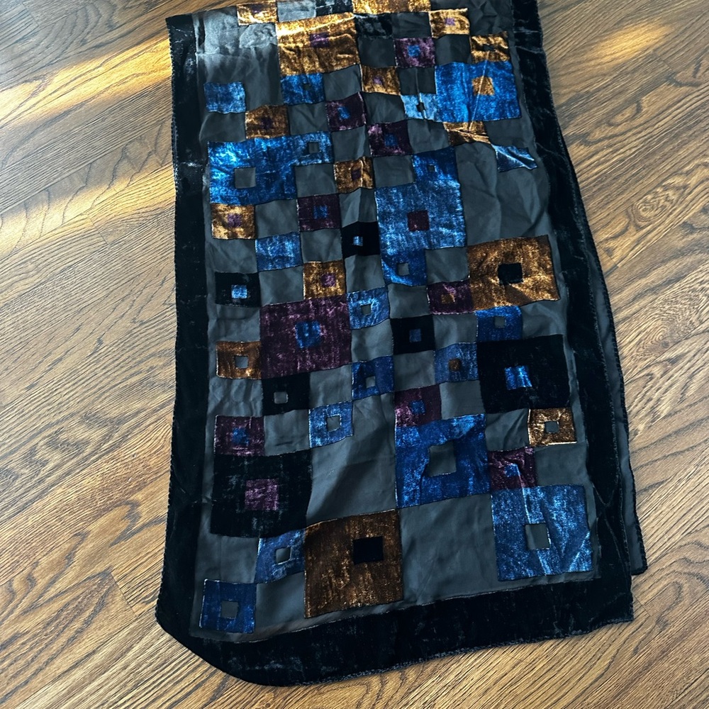 Vintage Velvet Geometric Patchwork Scarf Shawl in Blue, Black, Bronze